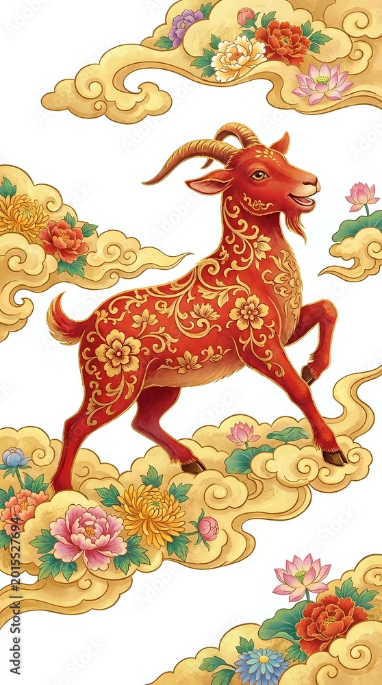 Naklejka premium Red goat with golden floral patterns jumping through decorative clouds with peonies and chrysanthemums in traditional Chinese art style for lunar new year.