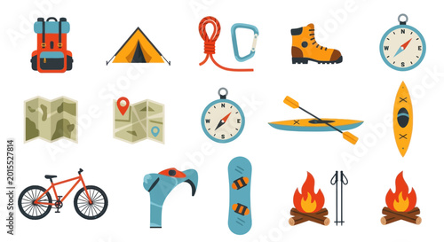 Backpack, Tent, Kayak, Snowboard, and Bicycle Outdoor Adventure Icons