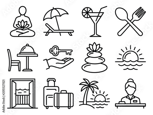 Obraz na płótnie Hotel and resort icon set with palm tree line art vacation cocktail suitcase rec