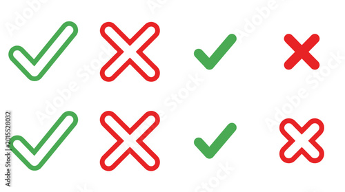 Green check marks and red cross symbols displayed in a simple flat vector icon set