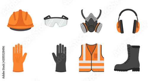 Safety Equipment Icons: Hard Hat, Goggles, Respirator, Ear Muffs, Gloves, Vest, Boot