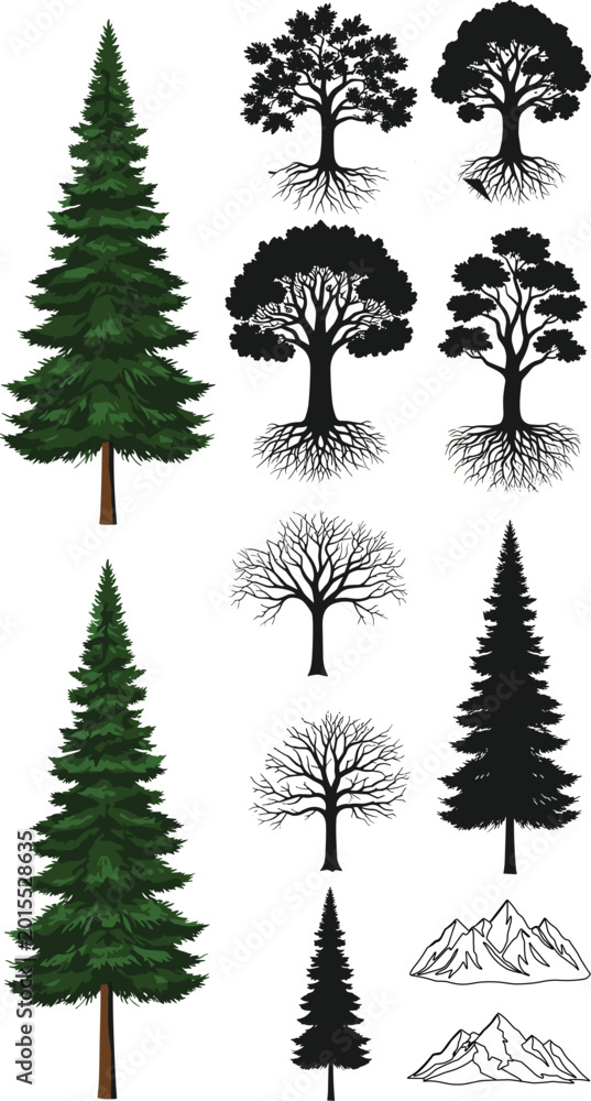 Fototapeta premium Detailed Tree Silhouette Collection Featuring Pine Trees, Forest Elements, and Seasonal Nature Illustrations for Landscape and Environmental Design
