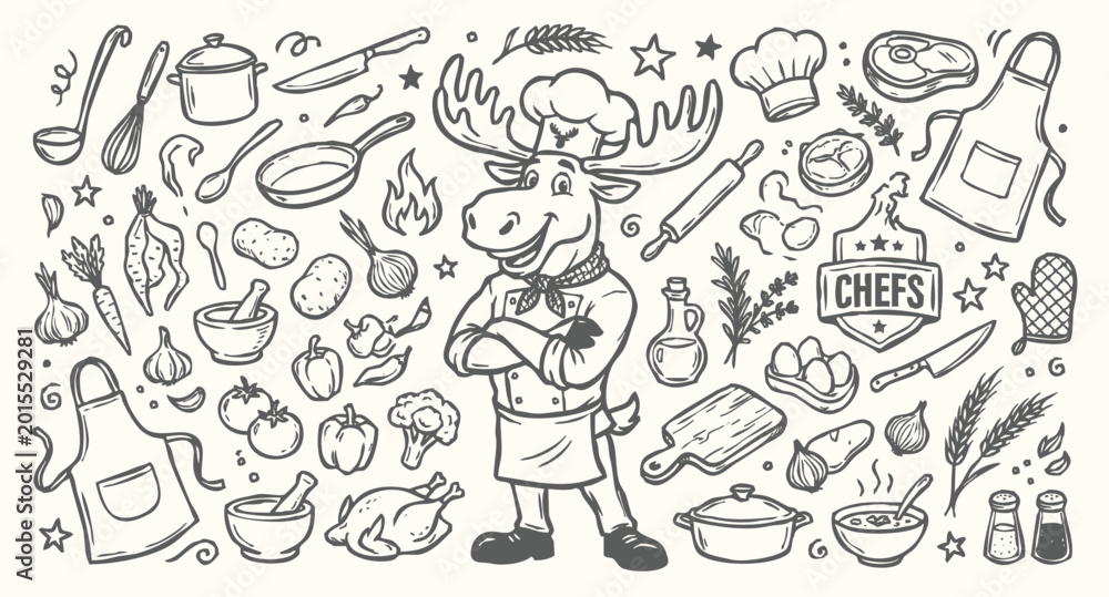 Fototapeta premium Vector doodle set of moose chef mascots and kitchen tools.
