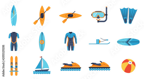 Water Sports Gear: Surfboard, Kayak, Snorkel Mask, Fins, Wetsuit, Jet Ski, Sailboat