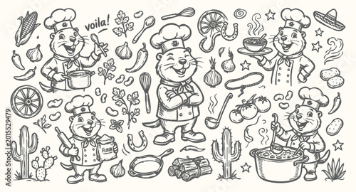 Vector doodle set of prairie dog chef mascots with Western-themed kitchen elements and food ingredients.