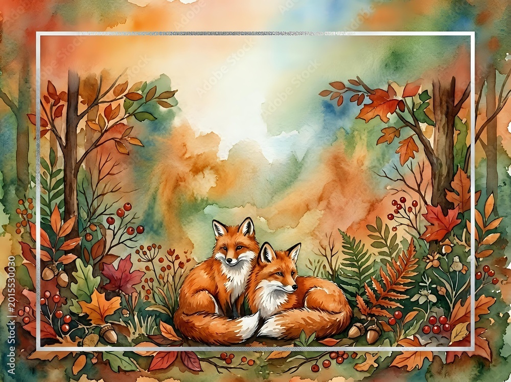 Fototapeta premium Watercolor autumn fox family resting among colorful fall foliage and forest plants with warm seasonal tones for nature themed designs.