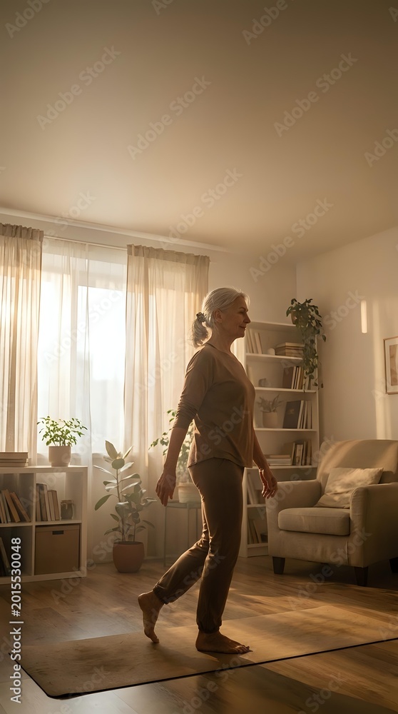 Fototapeta premium Senior woman practicing yoga at home in warm sunlight streaming through living room windows during morning wellness routine.