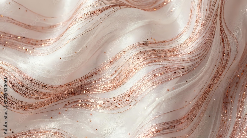 Obraz premium Elegant rose gold glitter marble texture with flowing wavy patterns on soft blush pink background, perfect for luxury design projects.