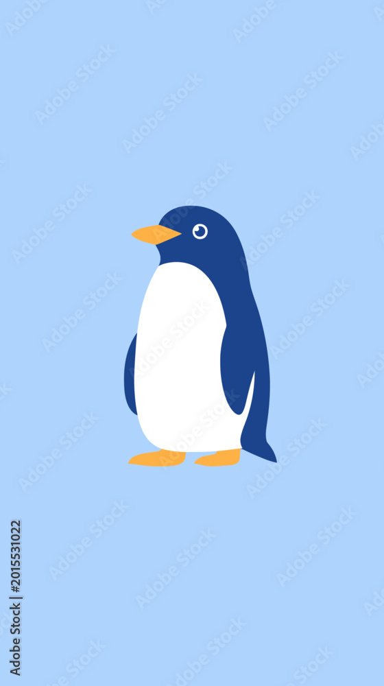 Fototapeta premium Minimalist flat vector illustration of standing blue and white penguin with orange beak and feet on light blue background for wildlife and animal design concepts