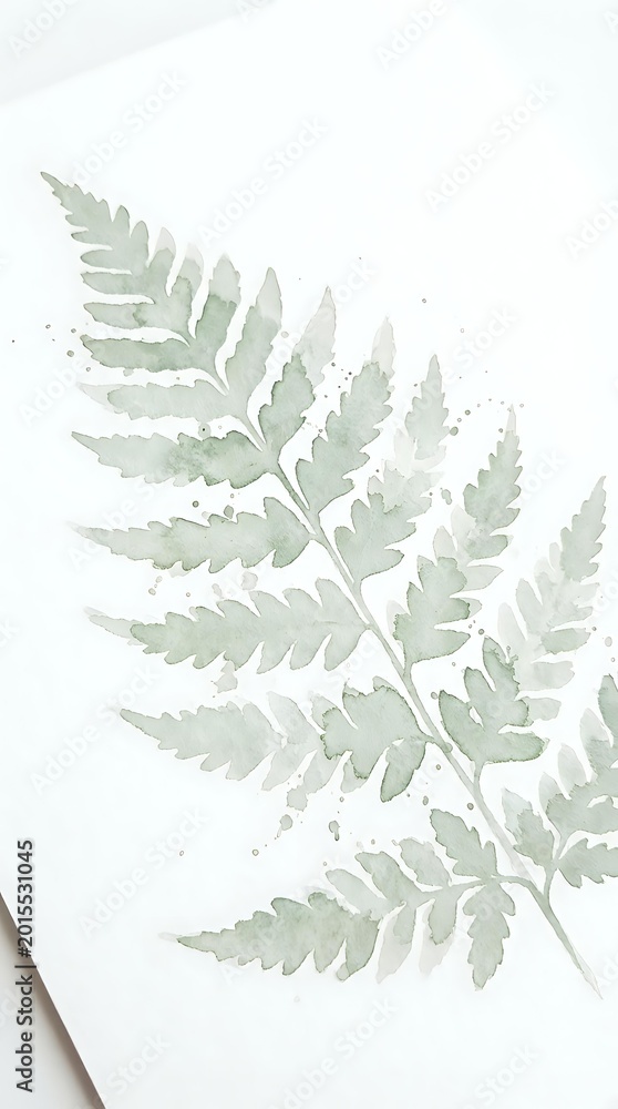 Obraz premium Watercolor fern leaf botanical illustration on white paper with delicate green tones and artistic paint splatters for nature-inspired design projects.