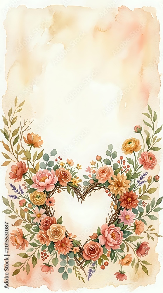 Naklejka premium Watercolor floral heart wreath with roses, peonies and greenery on textured paper background for wedding invitations and romantic designs.