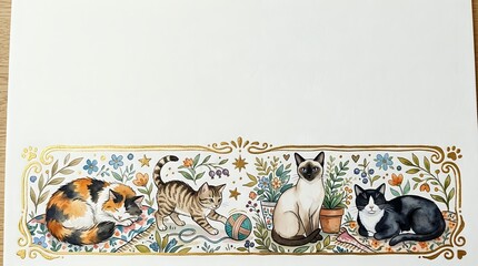 Watercolor cats border with floral folk art ornaments, four breeds in vintage botanical style, gold accents on white background for stationery design.