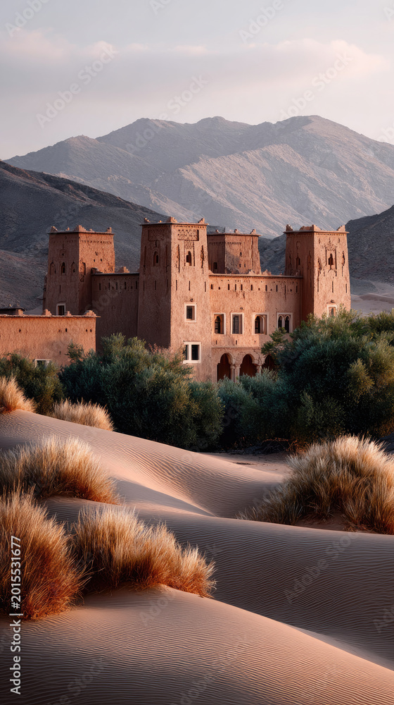 Fototapeta premium Ancient Ksar structures with traditional Moroccan architecture built from earth and clay, standing against a sunset sky and arid mountains, creating a timeless scene of a fortified village