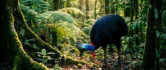 Large black cassowary bird walking through lush tropical rainforest with ferns and moss-covered rocks in dappled sunlight for wildlife photography.