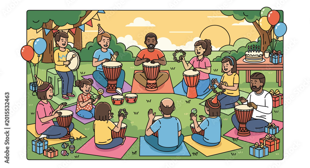 Naklejka premium Diverse group of people participating in a joyful drum circle at an outdoor birthday celebration in a sunny park with music and balloons.