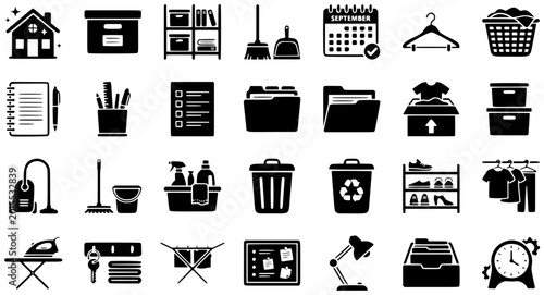 Home organization decluttering icon set
