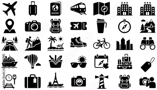 September travel getaway icon set