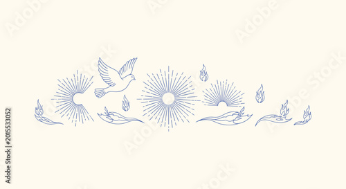 Canvastavla Sacred Celestial Symbols with Dove Sun and Fire Line Art Vector Graphic for Spir