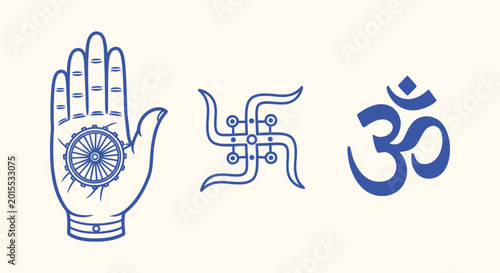Fotografie Minimalistic Blue Vector Art of Traditional Indian Symbols Om Swastika and Palm with Dharma Chakra
