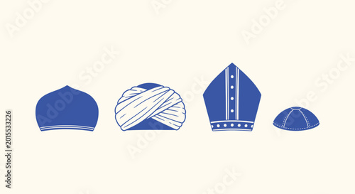 Foto Collection of Diverse Religious Headwear Icons Turban Mitre Kippah and Prayer Ca