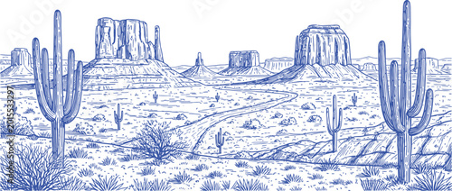 Desert landscape with rock formations and cacti