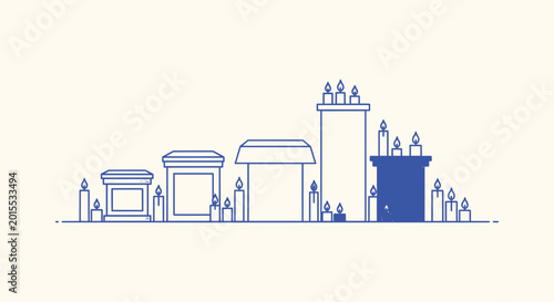 Photos Cemetery Memorial with Blue Line Art Gravestones and Burning Candles Minimalist