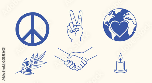 Tableau sur toile Set of Blue Peace and Unity Symbols with Earth Heart Handshake Olive Branch and Candle Graphics
