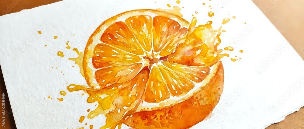 Fototapeta premium Fresh orange slice with vibrant juice splash on white paper, watercolor painting style perfect for kitchen decor, food illustration and culinary designs.