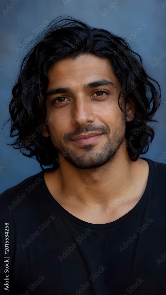 Fototapeta premium Retrato hombre joven moreno de pelo negro y ondulado con barba recortada. 