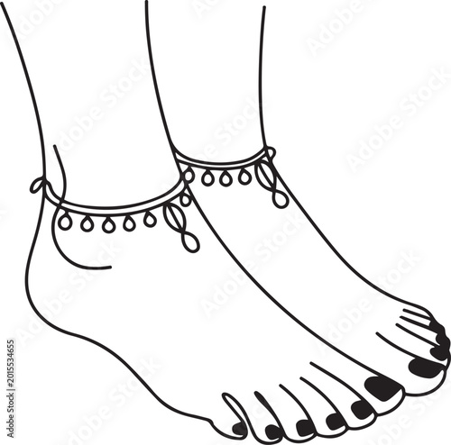 Obraz na płótnie Beautiful indian girl feet with anklets and red nails line drawing isolated on white background