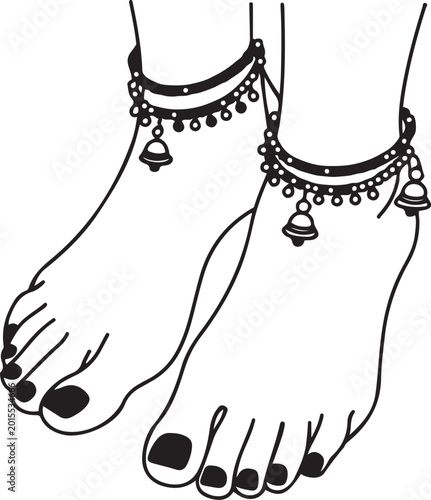 Obraz na płótnie Beautiful indian girl feet with anklets and red nails line drawing isolated on white background