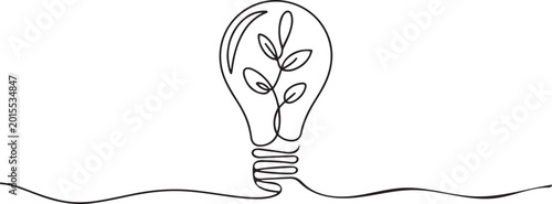 Continuous one line drawing of light bulb with growing plant inside, eco energy and green innovation. one line icon drawing vector