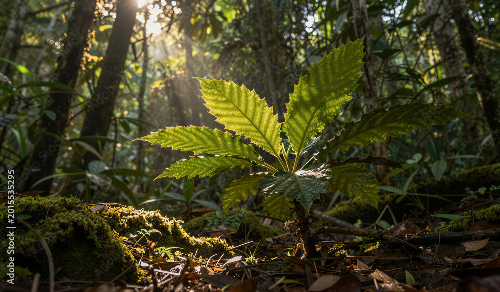 Fototapeta premium Sunlight pierces the forest canopy, illuminating a single fern. Moss covers the earth, rich and textured beneath the fern. The fern's leaves glow with delicate green, catching the light