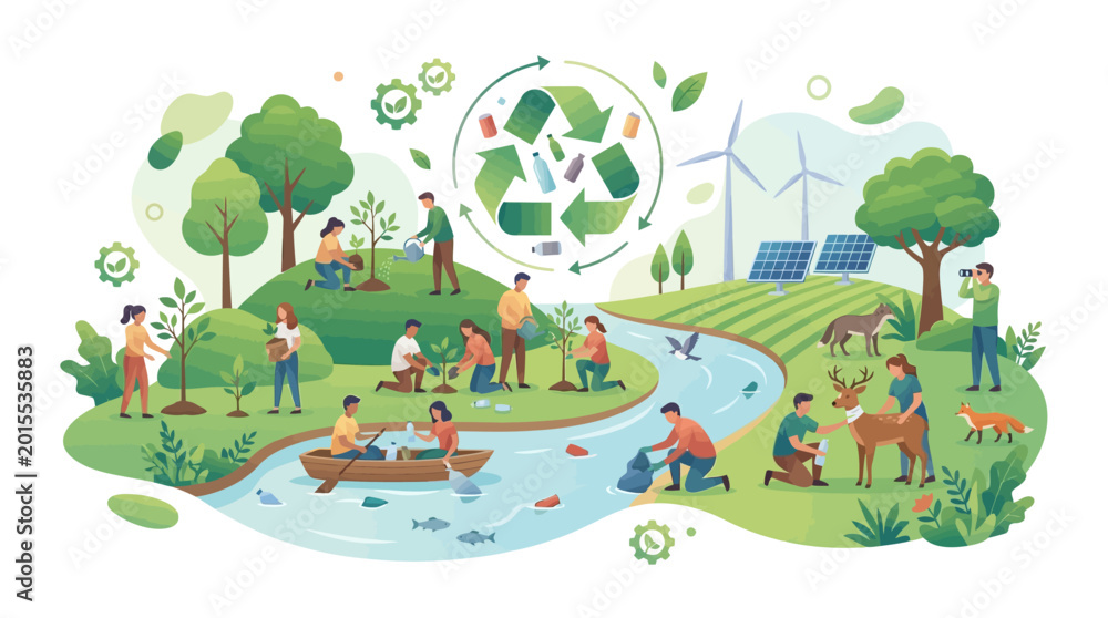 Obraz premium Community working together in nature for sustainability and conservation activities illustration