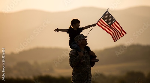 Silhouette of a us soldier in camouflage uniform carrying his young daughter on his shoulders while she holds an american flag at sunset against a mountain background