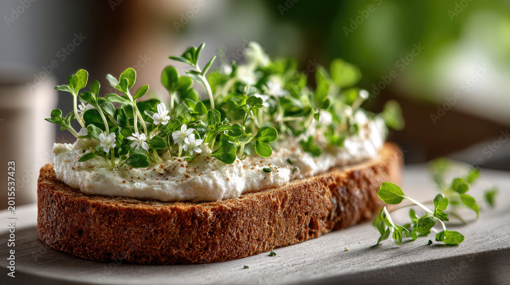 Obraz premium Hearty whole grain toast slice covered with creamy fresh cheese and garnished with vibrant green microgreens and edible white flowers for a healthy meal