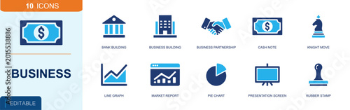Fotografi Business report icon set containing bank, business building, partnership, cash note, line graph, market report, pie chart, presentation screen, stamp and more; solid fill vector icons
