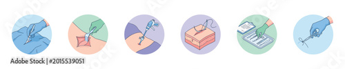 Surgical procedure steps illustrated with icons showing incision, retraction, trocar insertion, suturing, and instrument handling