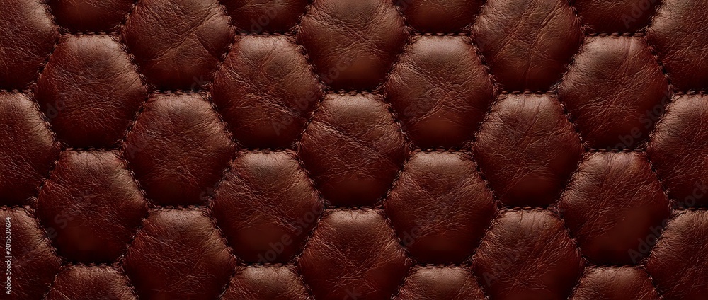 Naklejka premium Brown leather hexagonal quilted pattern with detailed stitching and texture for upholstery and interior design projects.