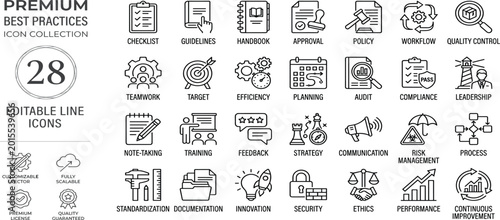 Collection of 28 editable line icons representing best practices in business and project management