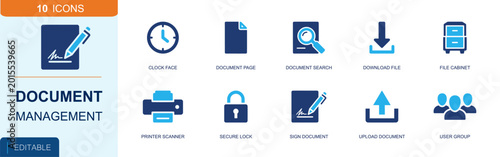 Document management icon set. Containing clock, file page, document search, download file, file cabinet, printer scanner, secure lock, signature, upload and more. Solid fill vector icons.