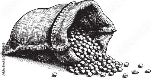Photos Burlap sack spilling coffee beans, black and white