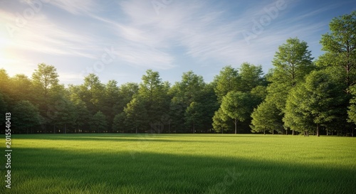 Serene landscape of lush green trees on a sunny day in a grassy meadow