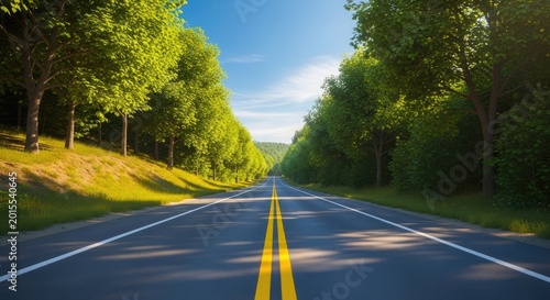 Scenic highway through lush green trees and forest landscape summer road trip