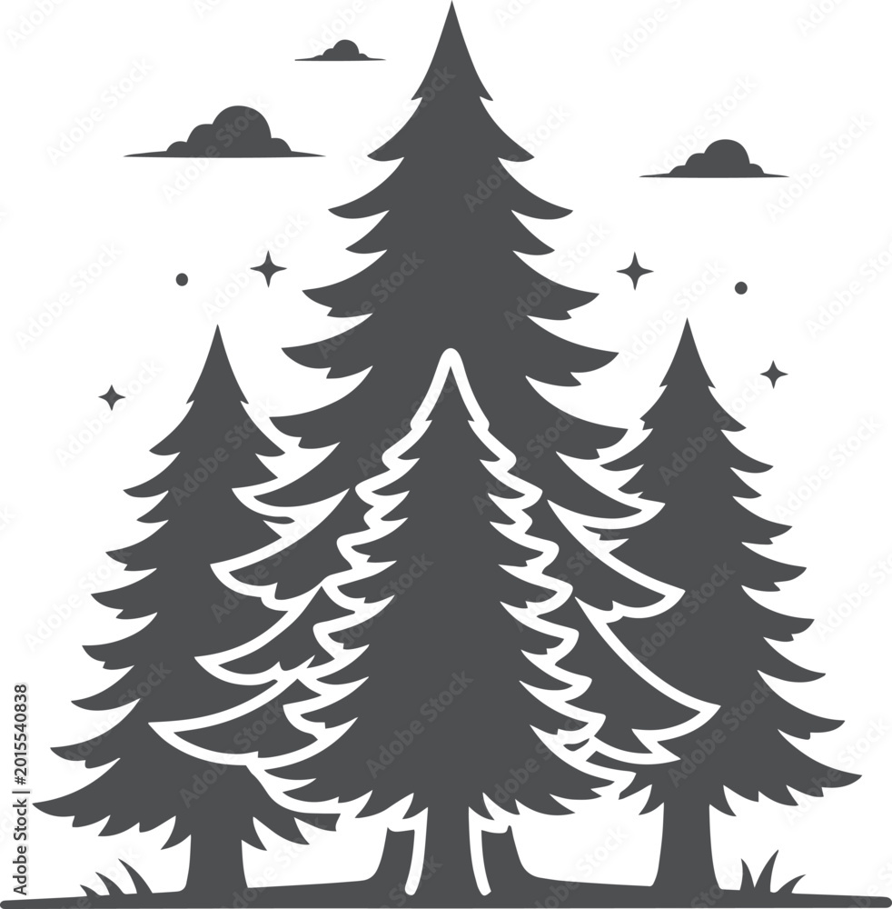 Obraz premium Dark pine trees silhouette with stars and clouds