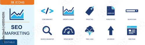 SEO marketing icon set. Containing code bracket, growth chart, price tag, robots text file, search bar, magnifier, speed meter, web page, up arrow and more. Solid fill vector icons.