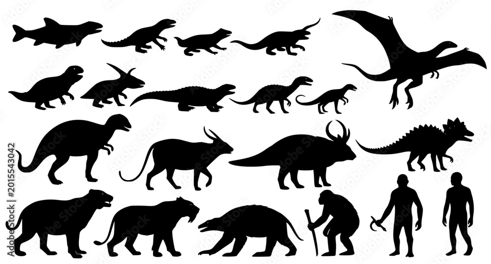Obraz premium Set of black vector silhouettes of dinosaurs and prehistoric creatures isolated on white background for educational and natural history graphic design projects