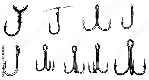 Photos Professional collection of fishing hooks and treble hooks in various styles isol