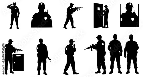 Schilderij op canvas Professional collection of police and tactical force silhouettes in various comb