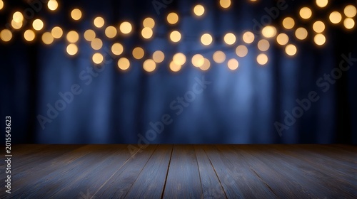 A rustic wooden table surface complemented by a dramatic dark background featuring warm bokeh lights